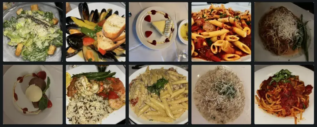 Collage of La Trattoria dinner dishes including salads, pasta and seafood
